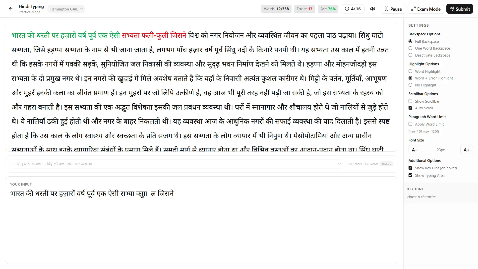 TypingWale Practice Mode showing word-level error analysis with colour-coded text — green for correct words, red for errors — along with settings panel for backspace options, highlight options, and font size controls